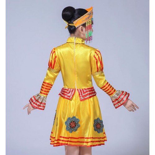 Chinese folk dance costumes for girls red gold national Mongolian dance party show photos dancing robes dresses